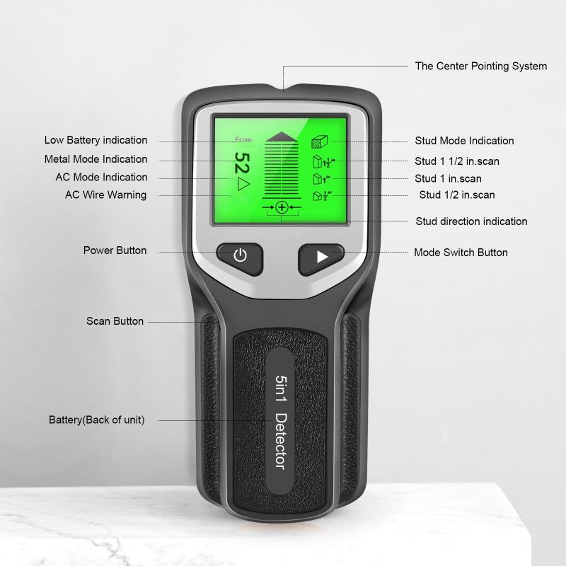 Stud Finder Wall Scanner 5 In 1 - 5-in-1-Metalldetektor, Wanddetektor, Wanddickenmessgerät, Wandbolzensucher mit Hintergrundbeleuchtung,